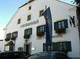 Banner "Mordsmusi" in der Schlosswirtschaft (Saal)